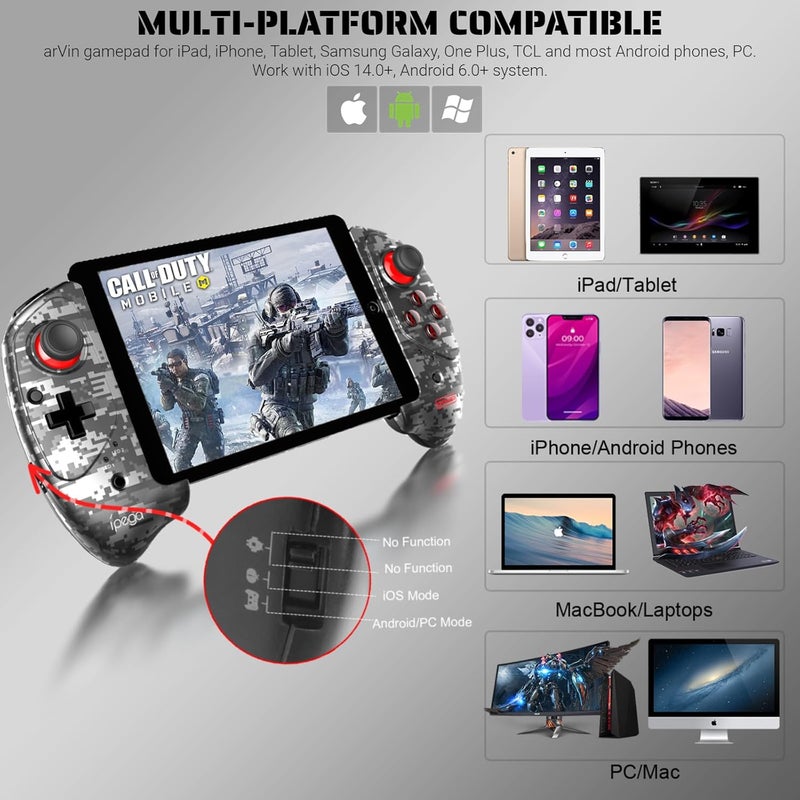 arVin Wireless Gaming Controller for iPad/Mini/Air/Samsung Galaxy Tab/HUAWEI MatePad/Yoga Tab[within 5-11"] Gamepad Joystick for iPhone 15/14/13 Pro Max/Galaxy 23/22/21/PC/Call of Duty Mobile/Genshin - Image 2